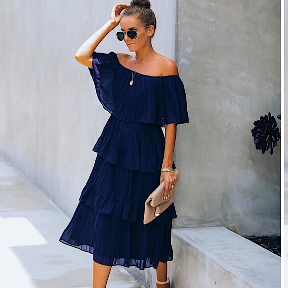 VICI Collection Navy Off-Shoulder Tiered Ruffle MIDI Dress